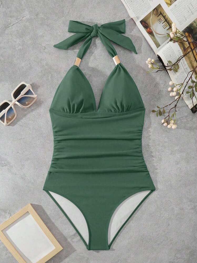 Swim Lushoire Maiô feminino de uma peça, sem costas, com amarração, em cor sólida, com ajuste simples, para verão e praia. - Verde - Visão 6