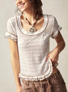 Bohemela Boho Solid Color Knitted Crew Neck Short Sleeve Fitted Women T-Shirt