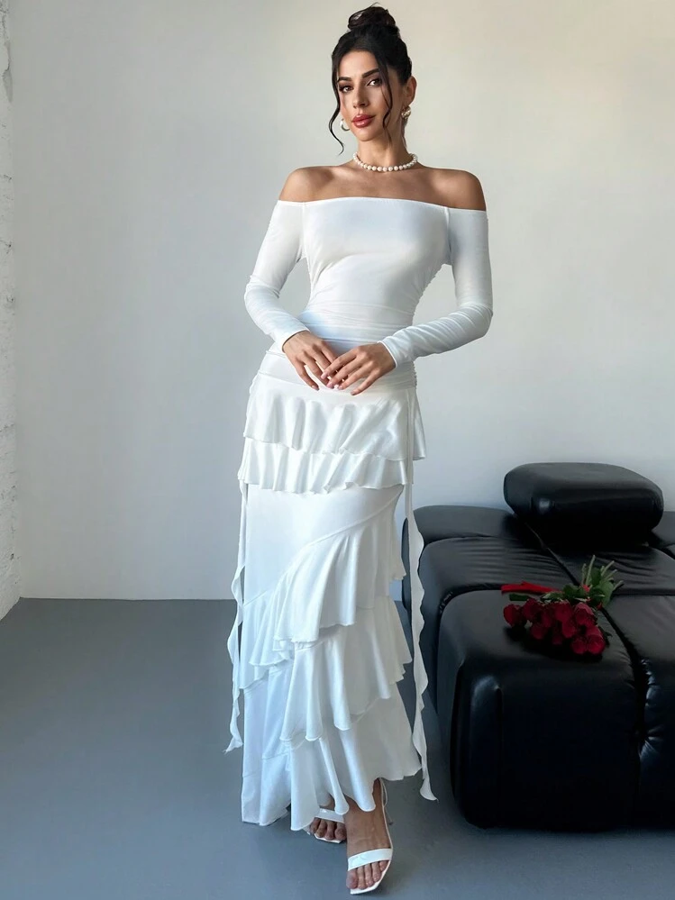 laundry off the shoulder dress Wedtrend Women Bridesmaids Dusty Blue A Line Off the Shoulder Long Ruched  Chiffon Bridesmaid Dress with Slit – WEDTREND