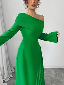 Elenzga Women's Elegant Fashion Office Lady Charming Party Oblique Shoulder Ruched Asymmetric Hem Solid Color Green Long Dress Fall Cloth For Women - Green - View 7