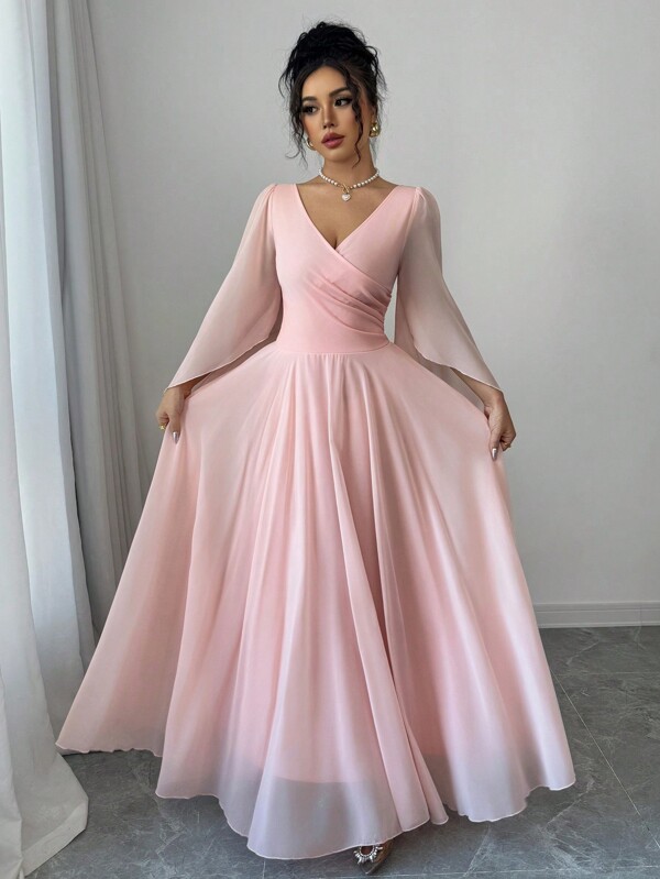 Elenzga Vacation V-Neck Split Waist Elegant & Romantic Women Long Sleeve Dress
