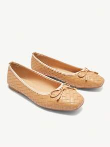 CUCCOO CHICEST Bailarinas cómodas y casuales con lazo y empeine tejido, puntera cuadrada, en color camel y marrón. Hechas de PU tejido, estilo Mary Jane, con un toque retro/vintage/académico/oficina/campus/citas/fiesta