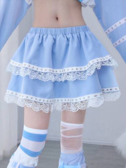 Kawaii Collegestil Nieten Volant geschichteter A-Linie Minirock