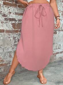 SHEIN LUNE 大码纯色不对称下摆抽绳腰部休闲半身裙 - 藕粉色 - 查看 3