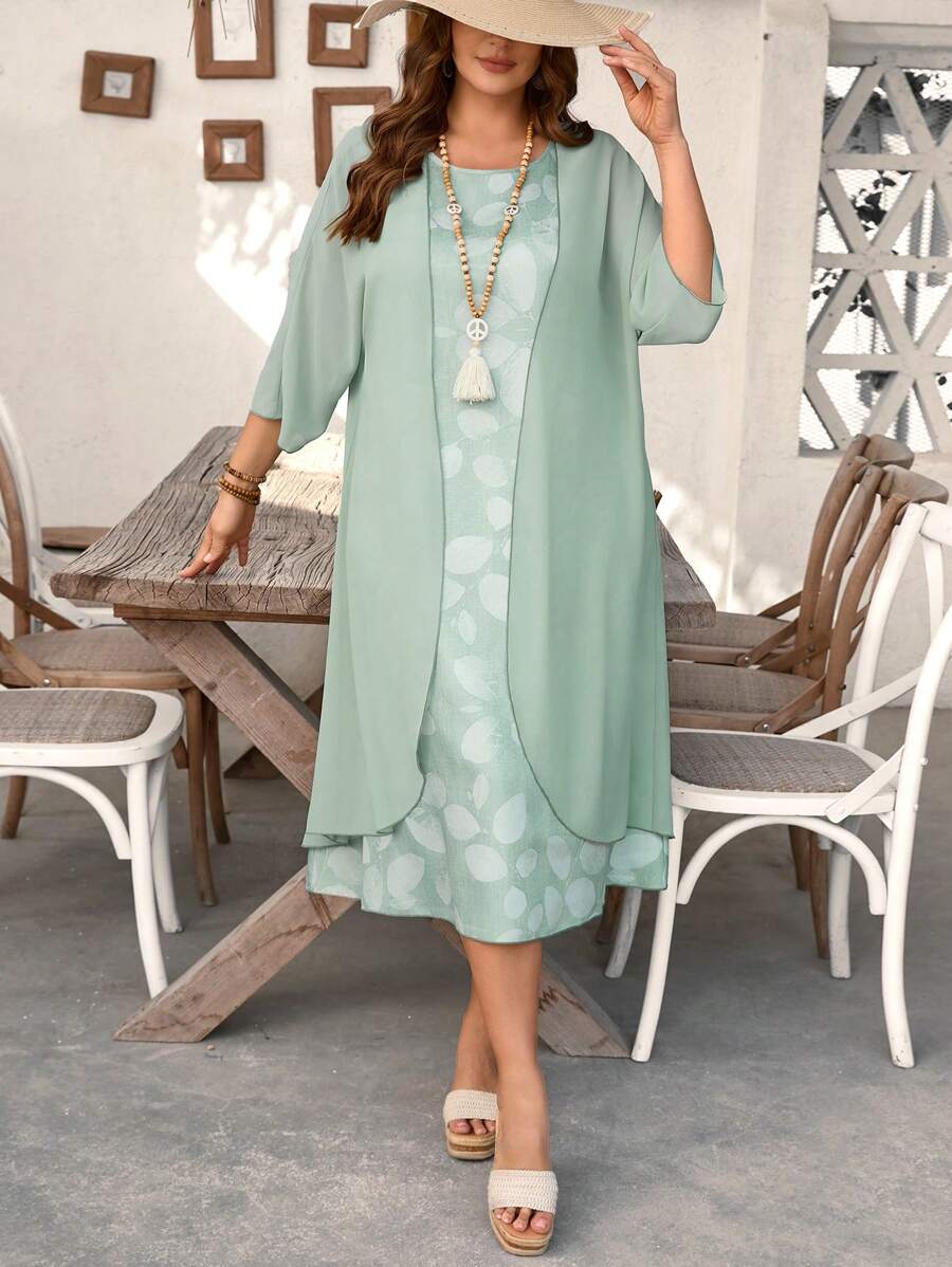 EMERY ROSE 2 chiếc/bộ áo khoác kimono tay dài mùa hè cho nữ cỡ lớn & váy in hoa cổ điển, trang phục ngày lễ Bohemian - màu xanh lá - Xem 1