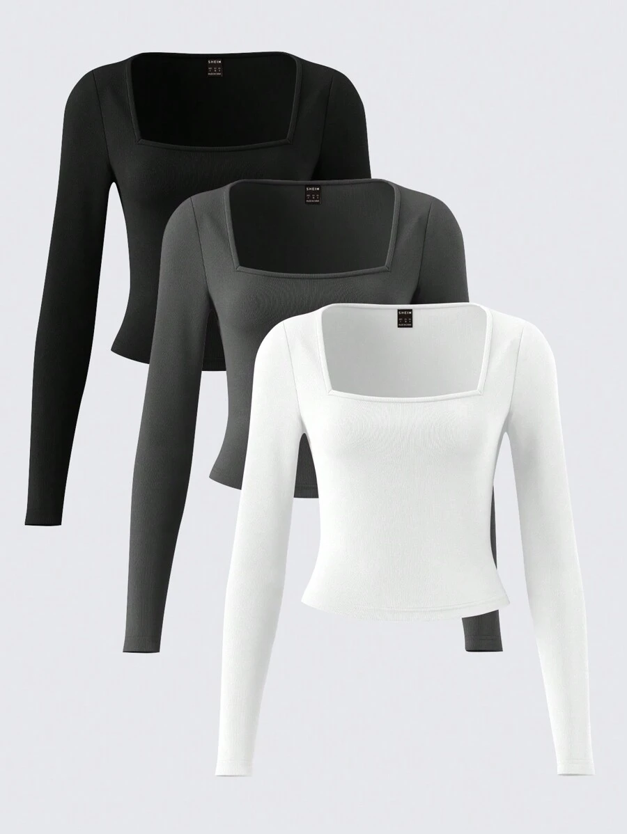 SHEIN BASICS 3 chiếc áo thun nữ cổ tròn tay dài dệt kim màu trơn ôm vừa vặn - màu đen - Xem 1