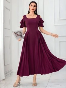 Modelyn Women's Solid Color Off The Shoulder Short Sleeve Casual Long Dress - Red Violet - View 6