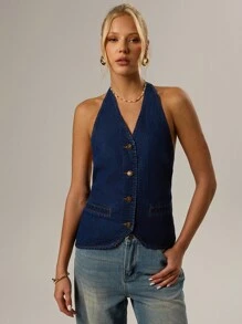 Forever 21 Spring New Halter Neck Sleeveless Open Back Washed Denim Tied Women Denim Tank Top - Blue - View 1