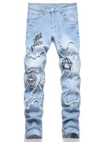 Manfinity LEGND Men's Front Button Pocket Frayed Edge Casual Denim Jeans - Light Wash - View 1