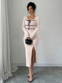 Calvaya Nuevo estilo de vestido suéter elegante y sexy con cuello cuadrado, abertura y cordón ajustable para mujer