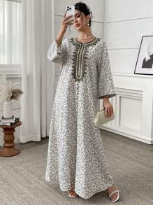 Yasmyna Embroidered Mini Ditsy Floral Ladies Dress, Turkish And Arabic Traditional Long Robe, Modest Kaftan - Multicolor - View 2