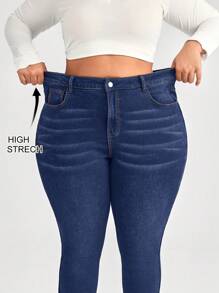 SHEIN CURVE+ 黑色加大码牛仔裤 紧身弹力长裤 经典百搭 - 中等水洗藍 - 查看 1