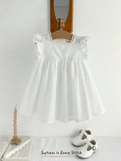 Cozy Pixies 女婴花朵荷叶边装饰圆领盖袖套头束腰连衣裙