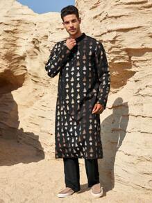 Manfinity Homme Eid Mubarak  Ramadan Men's Set Of Gold Foil Floral Print Long Sleeve Long Shirt Robe And Pants - Black - View 5