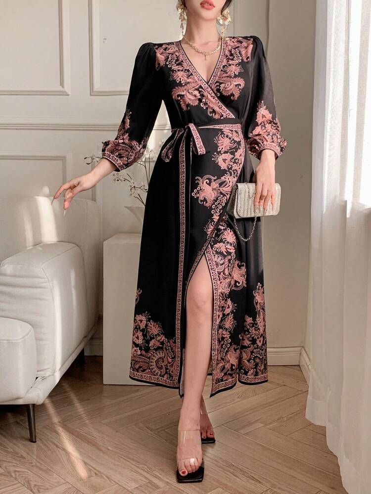 Boho Full Print Floral Botanical Pattern Cinched Waist Up Long Dress Elegant