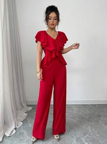 Chiquease Ruffled Waist Elegant Fashionable Vacation Jumpsuit, Red - Red - View 4