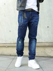 Manfinity LEGND Men's Casual Distressed Tapered Leg Jeans - Medium Wash - View 8