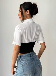 SHEIN Unity Elegant Color Block Fitted Short Sleeve Shirt - Multicolor - View 2