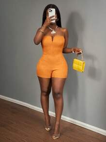 Slaydiva 新款 V 领无袖纹理面料连体裤，橙色 - B，适合春夏季度假休闲装