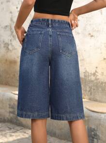 SHEIN LUNE Women's Loose Fit Pockets Wide Leg Capri Capri Jeans