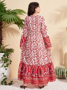 Teen Girl Long Modest Dress With Floral Retro Print, Fashion, Comfortable Fabric, Suitable For Summer - Red - View 2