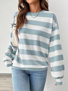 Chiquease Women's Classic Contrast Color Striped Crew Neck Sweatshirt, Fashion Apparel For Holidays, Autumn Pullover Fall - Blue and White - View 5