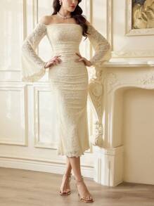 Vintamour Váy trễ vai phối ren hoa dệt kim jacquard cổ điển thanh lịch dành cho nữ, trang phục dự tiệc thường ngày mùa hè dành cho nữ, trang phục đi nghỉ, váy trắng dành cho nữ, váy mùa hè dành cho nữ, váy trắng dành cho nữ, váy dạ hội, váy sinh nhật dành cho nữ, váy dự tiệc cưới, váy mùa xuân dành cho nữ, quần áo mùa hè, trang phục mùa xuân dành cho nữ, váy phục sinh dành cho nữ, trang phục sinh nhật dành cho nữ, váy cưới, kỳ nghỉ xuân - Màu be - Xem 3