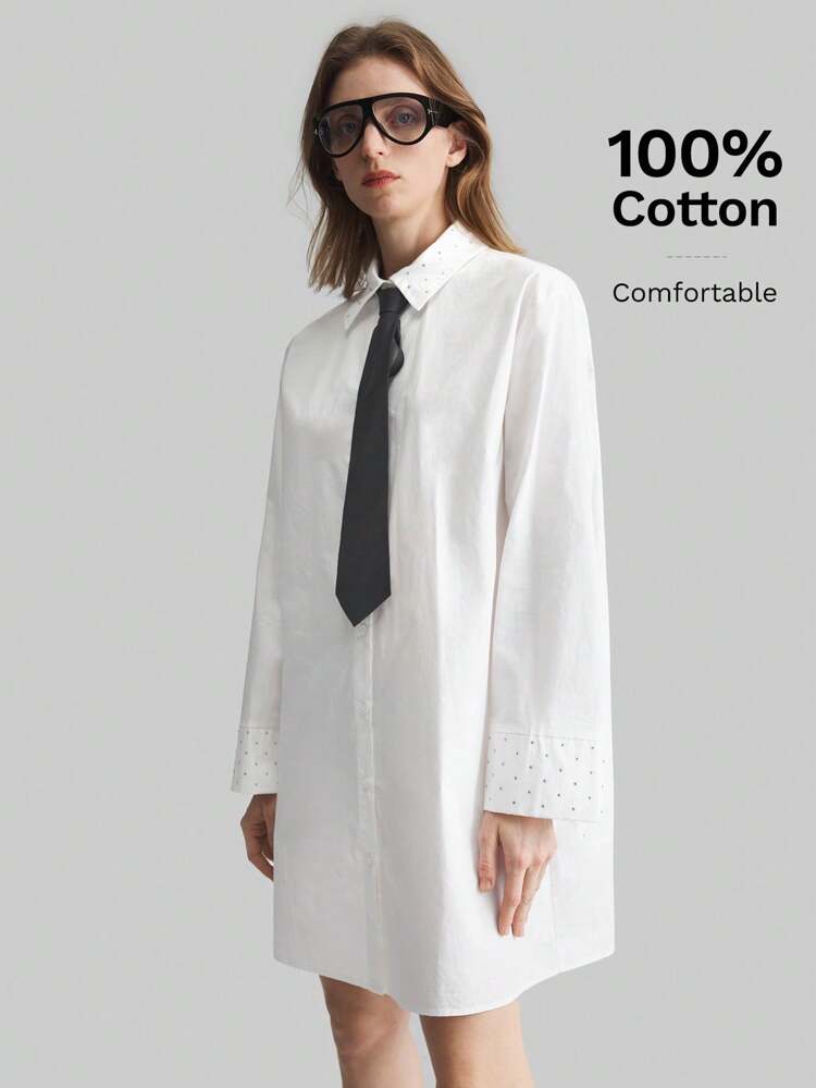 Women's Long Sleeve Rhinestone Decor Single Breasted Loose Long Casual Shirt Dress, Elegant For Commuting And Valentine's Day