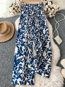 SHEIN Clasi 大码女式情人节撞色印花编织阔腿裤，常规款式，春夏季度假，适合圣帕特里克节狂欢、节日、春假波西米亚风服装 - 藍色 - 查看 2