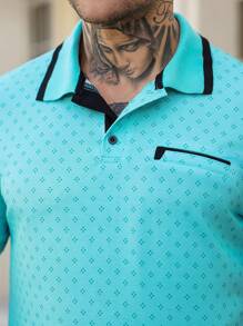 Manfinity Mode 男士数码印花仿口袋短袖 Polo 衫 - 水鴨藍 - 查看 5