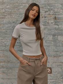 MUSERA Cropped Contrast Trim Ribbed Fitted T-Shirt Casual Summer Vacation Spring Summer Fall - Cream - View 1