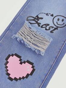 SHEIN Tween Girls New Style Distressed Light Blue Y2K Love Letter Print Flare Jeans - Light Wash - View 5