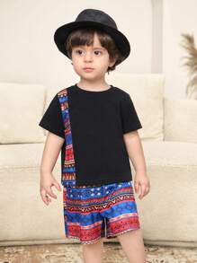 SHEIN 2pcs/Set Baby Boy Summer Casual Geometric Print Short Sleeve Top And Shorts Set, Suitable For Birthday Party, Casual, Party, Performance, Wedding, And 1st Birthday Celebration - Multicolor - View 3