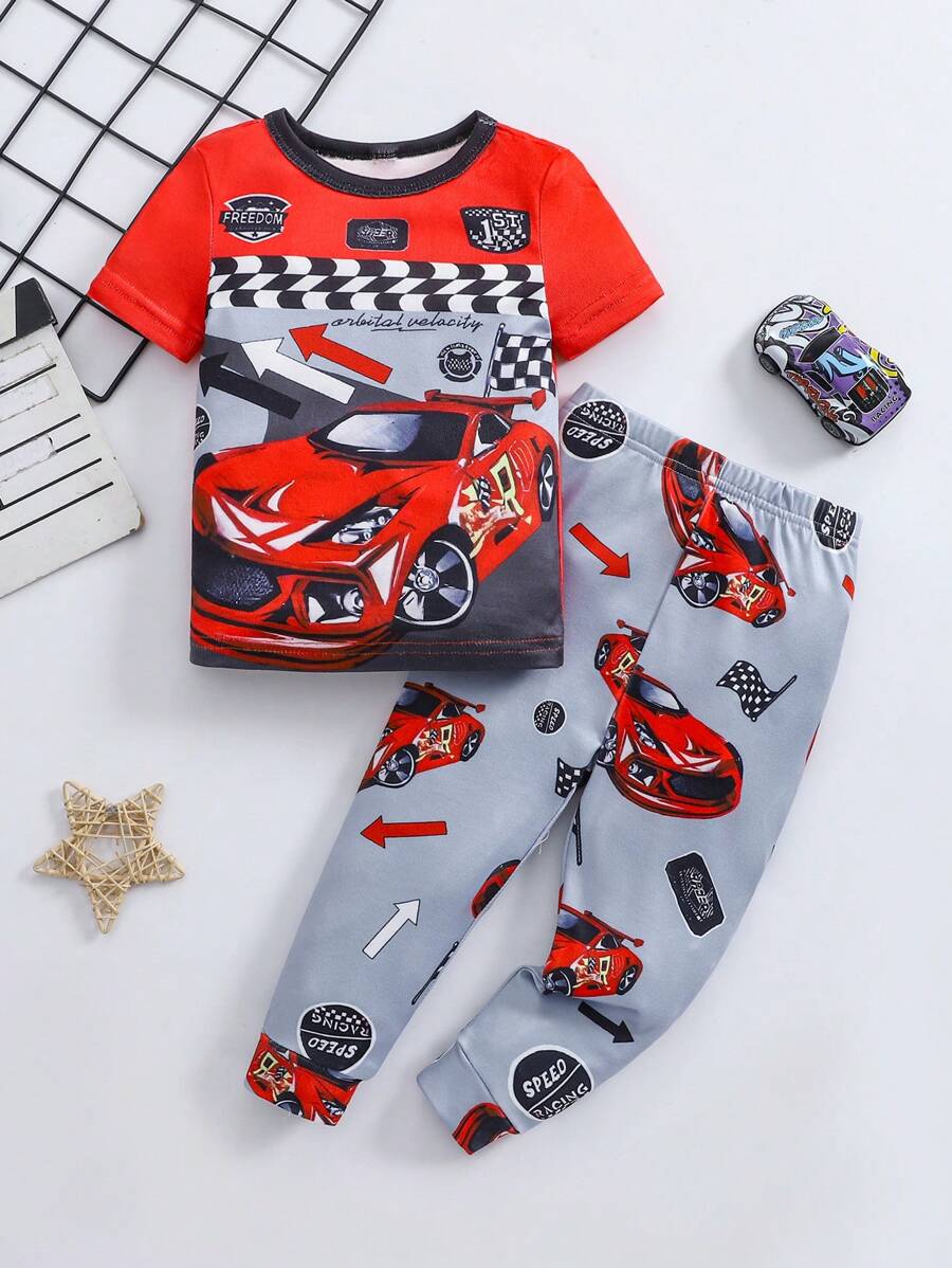 婴儿/男童圆领针织汽车印花休闲短袖连体衣，春夏 - 彩色 - 查看 1