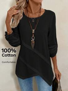 EMERY ROSE Women Asymmetrical Hem Round Neck White Shirt - Black - View 6