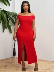 SHEIN PETITE CURVE Plus Size Off Shoulder Solid Color Dress, Simple Casual Everyday Style