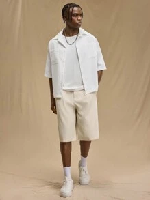 Forever 21 Men's White Loose Casual Double Pocket Lapel Short Sleeve Shirt - White - View 6