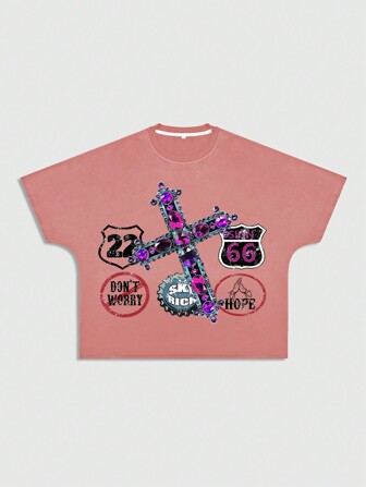 Street Life Camiseta suelta de manga raglán con estampado de cruz para hombre