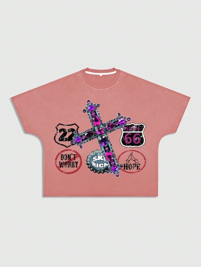 Street Life Camiseta suelta de manga raglán con estampado de cruz para hombre