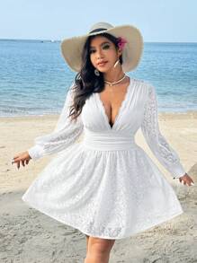 Sunnyshic Plus Size Vrouwen Diepe V-hals Volant Taille Transparante Lange Mouw Mini Kanten Jurk, Geschikt Voor Vakantie En Date