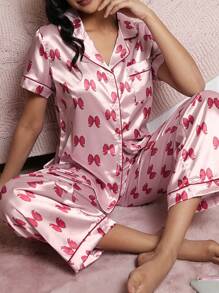 Valentine's Day Pink Butterfly Print Lapel Short Sleeve Pajama Set - Baby Pink - View 1