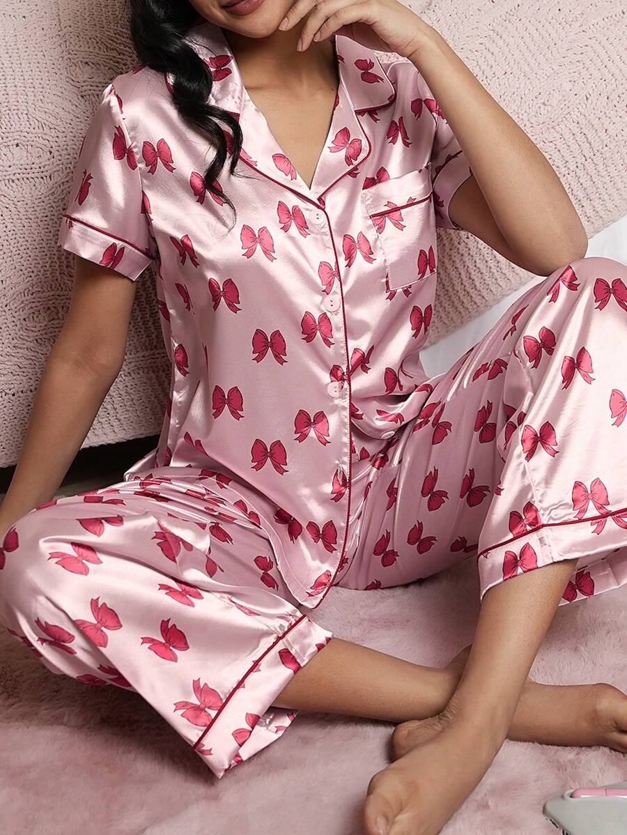 Valentine's Day Pink Butterfly Print Lapel Short Sleeve Pajama Set - Baby Pink - View 1
