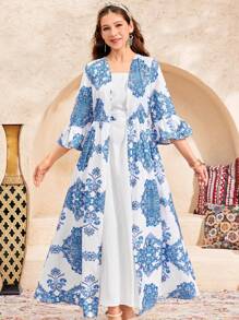 SHEIN Leap Crew Teen Girls' Blue & White Floral Print Kimono Style Ruffle Sleeve Long Cardigan, Long Dress, A-Line Maxi Dress, 2-Piece Set, Casual Holiday Vacation Outfit - Blue and White - View 1