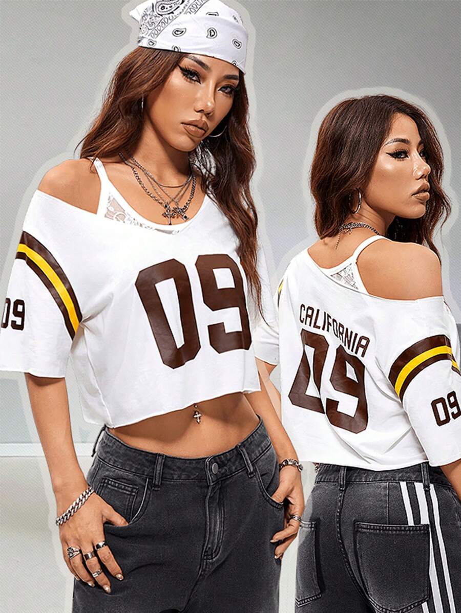 SHEIN EZwear 女士春夏约会之夜外出复古运动 V 领露肩 T 恤 - 白色 - 查看 1