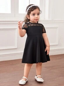 Baby Girl Fern Glow Polka Dot Knitted Mesh Snug Fit Long Sleeve Dress - Black - View 4