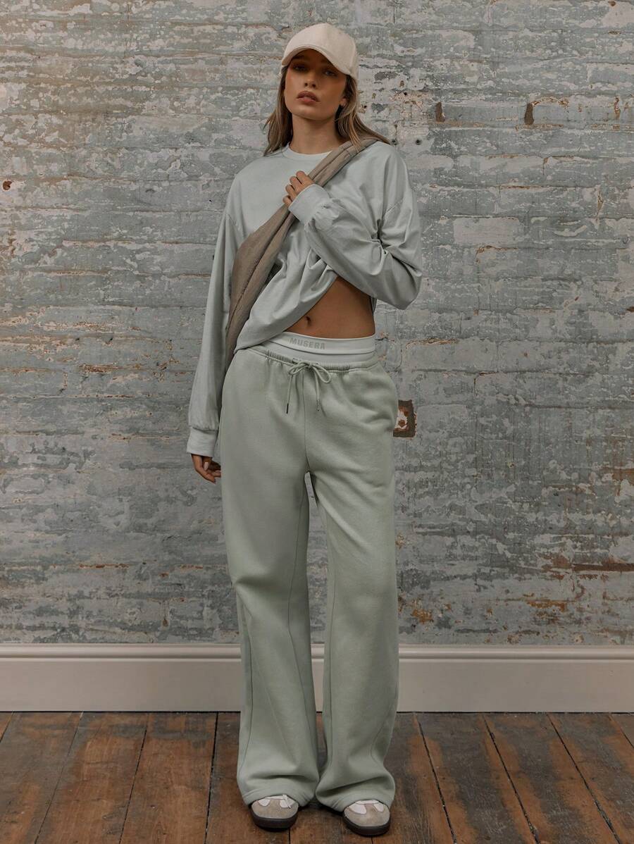 MUSERA Low Rise Drawstring Wide Leg Joggers With High Rise Elasticated Slogan Waistband Vacation Summer Sexy Holiday Casual - Green - View 1