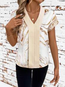 SHEIN Clasi Gold Foil Print Color Block Collar Ladies Blouse,Teacher Shirts - Multicolor - View 7