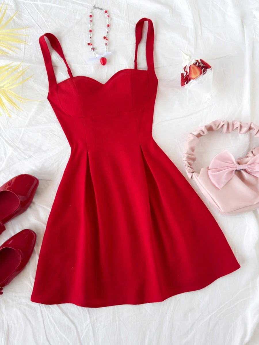 Soleia Gaun Mini Slip A-Line Merah dengan Pita di Belakang dan Punggung Terbuka untuk Wanita, Ideal untuk Liburan, Festival Musik, Gaya Boho, Hari Raya, Kencan, Hari Valentine - Merah - View 1