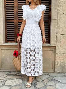 Elenzga Elegant White V-Neck Ruffle & Flower Lace Hollow Long Dress For Women - White - View 7