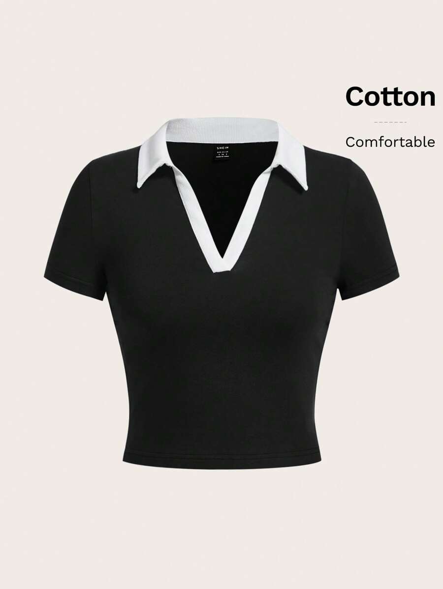 SHEIN EZwear Color Block Knitted Tight-fitting T-shirt With Contrast Collar - Black and White - View 1